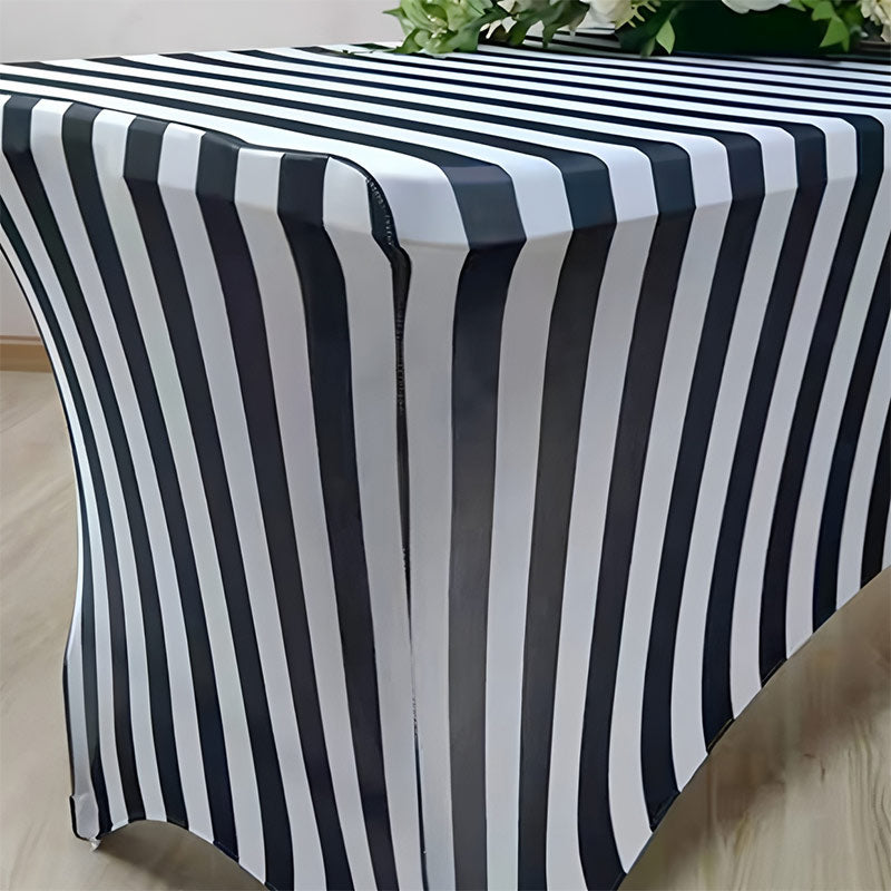 Stretch Spandex Rectangle Tablecloth Black/White Vertical Stripes 72"x30"